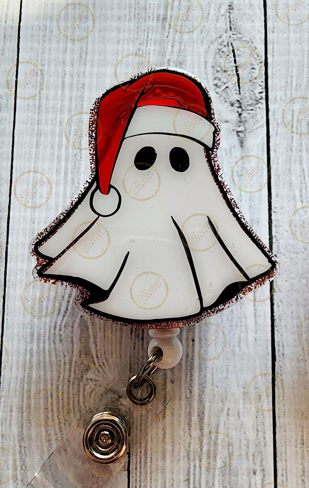 Santa Hat Ghost Badge Reel, Christmas badge reel, Holiday ba...