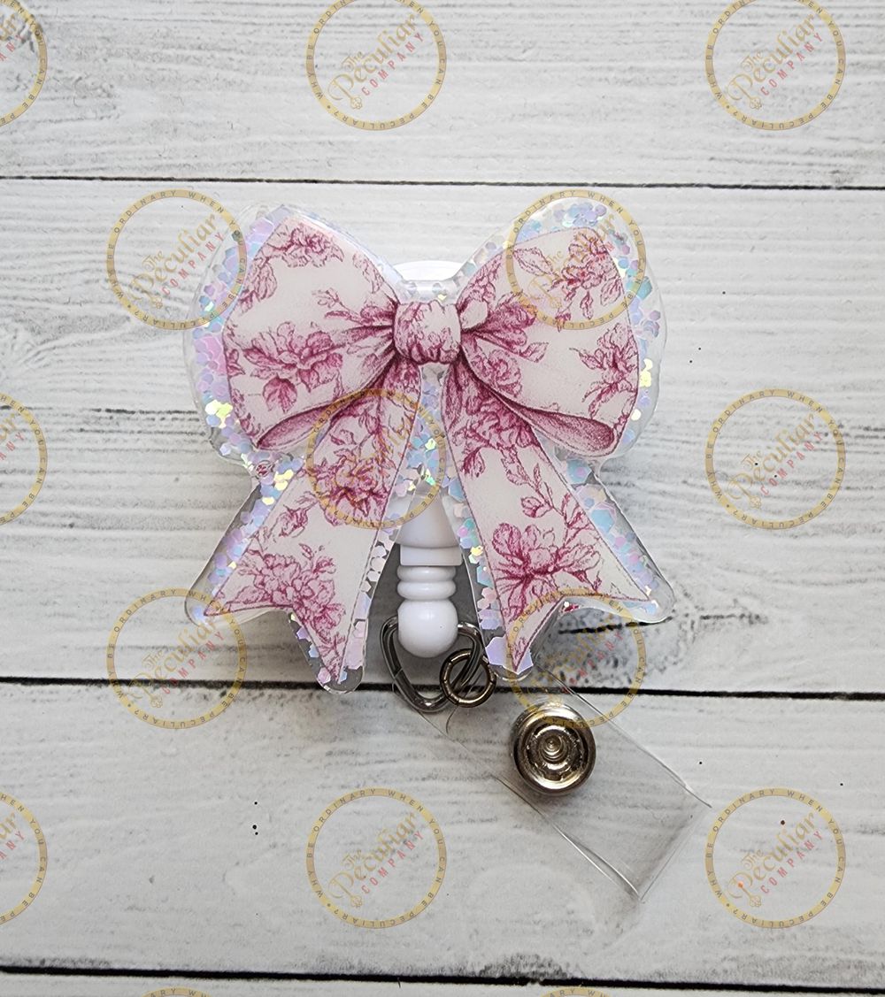 Pink Roses Floral Bow Badge Reel, badge holder, work badge, ...