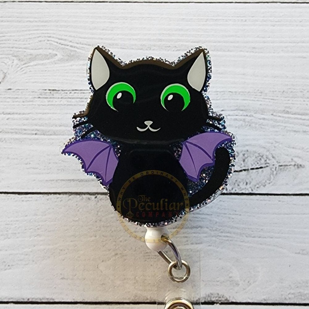 Batty Cat Badge Reel, Halloween badge reel, Black cat badge ...