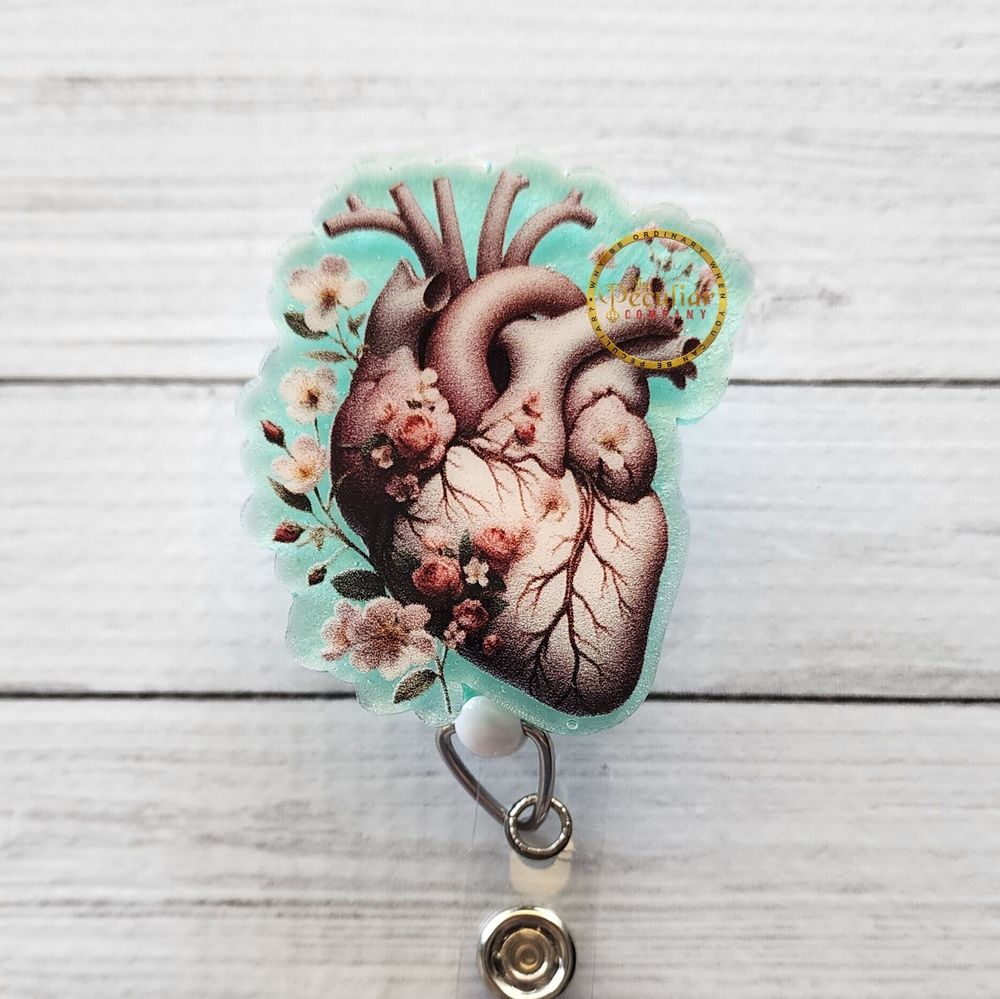 Floral Anatomical Heart Badge Reel, Badge holder, cardiology...
