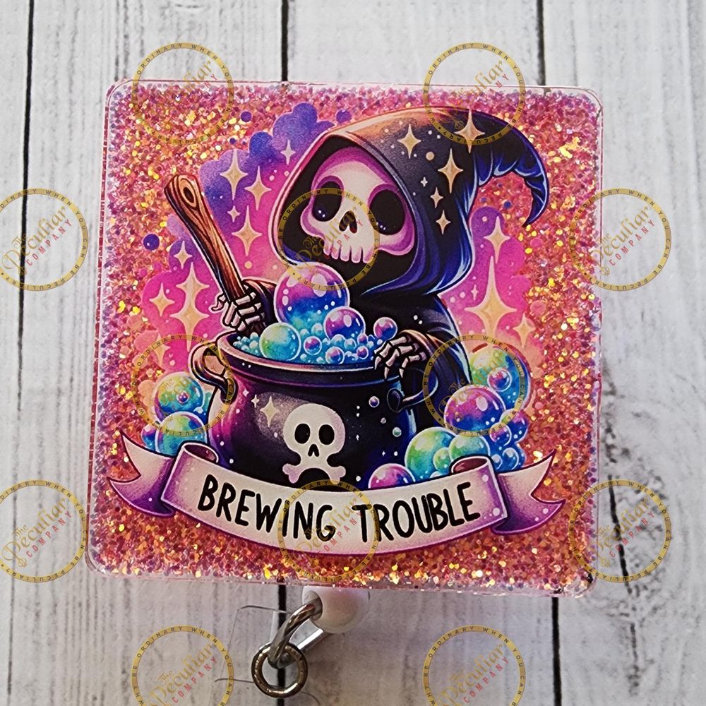 Brewing Trouble Skeleton Witch Badge reel, badge holder, cau...