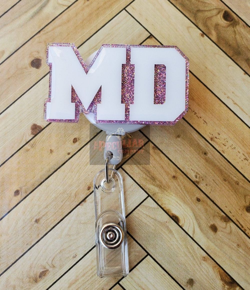 MD Badge Reel, Doctor, Medical Doctor, Work Badge, MD Glitte...