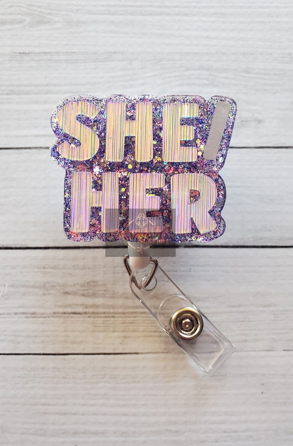 Holographic Silver She/Her Pronoun Badge Reel