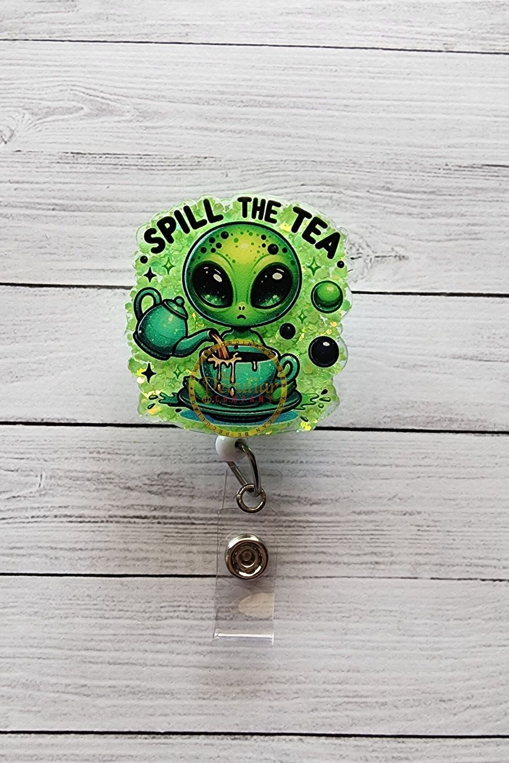 Spill The Tea Alien badge reel, badge holder, artistic badge...