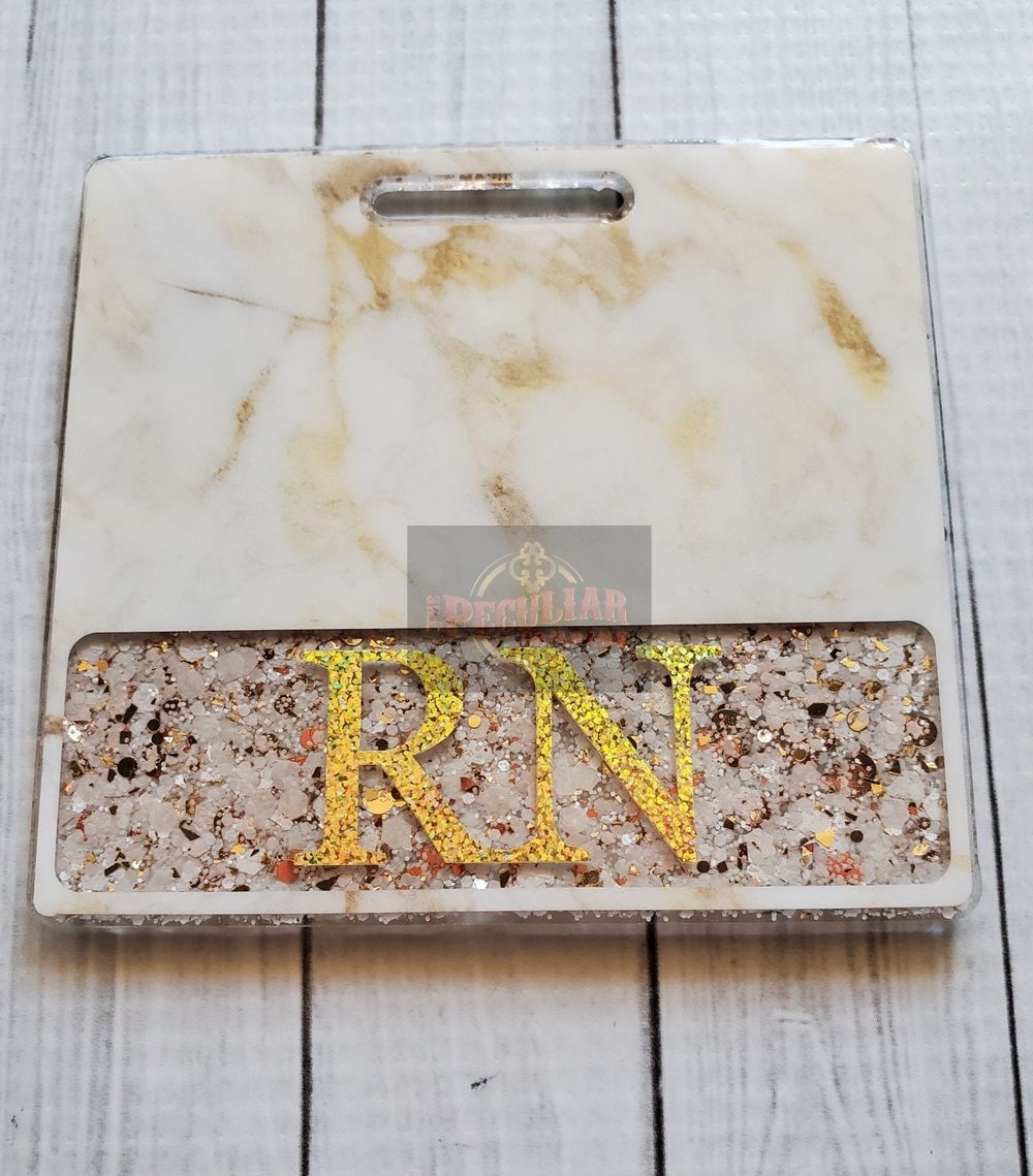 Gold and White Marble Badge Buddy, Credentials, RN, BSN, Hea...