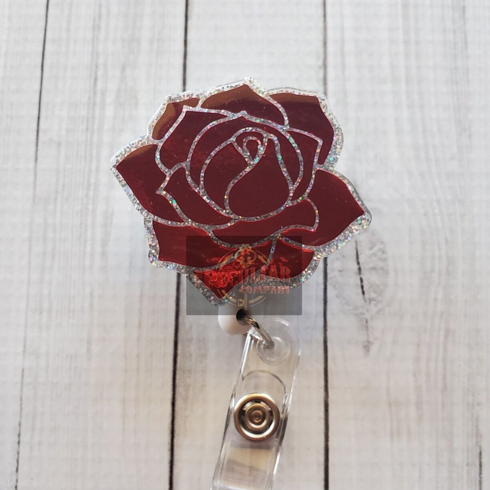 Chrome Rose Badge Reel, floral badge reel, badge holder, spr...