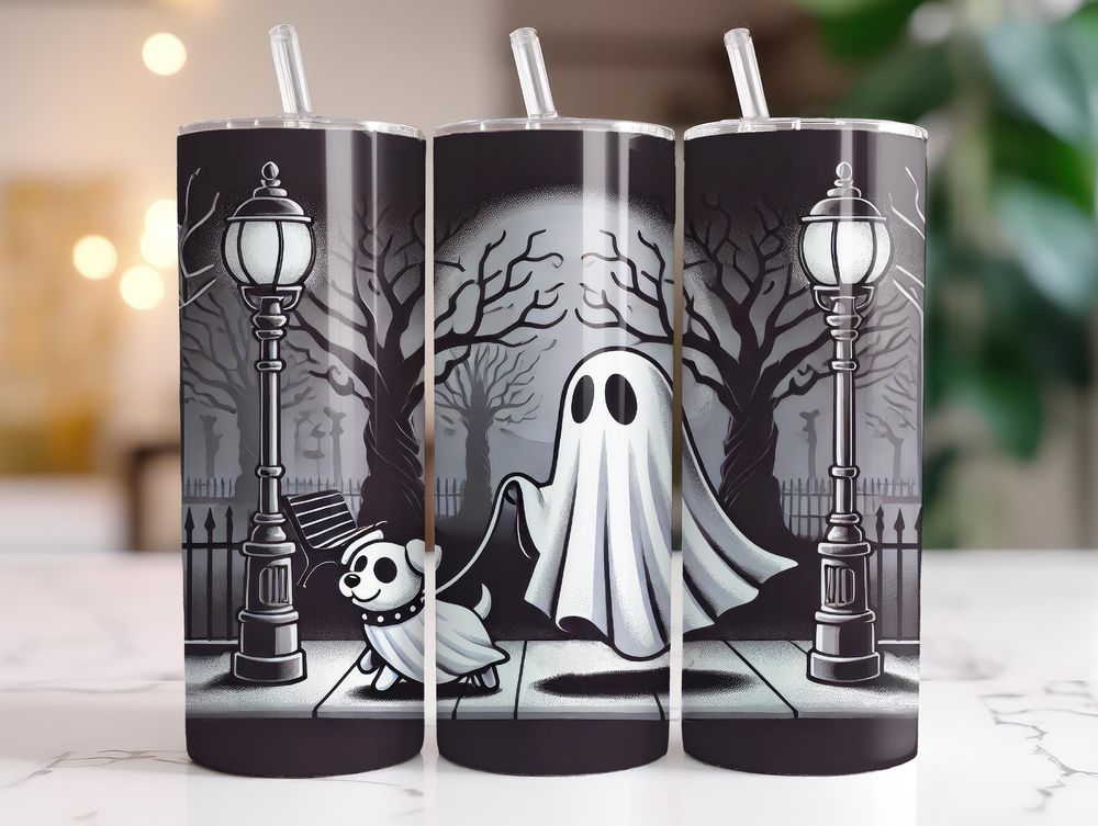 Ghost walking dog 20 oz tumbler, Halloween, Spooky Season, D...