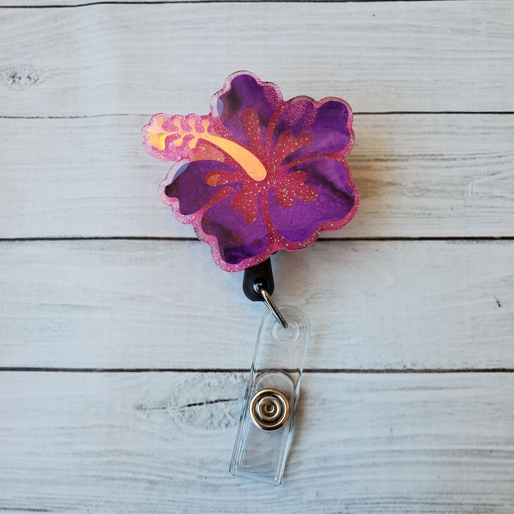 Hibiscus Flower Badge Reel, Pink and Purple Hibiscus, Badge ...