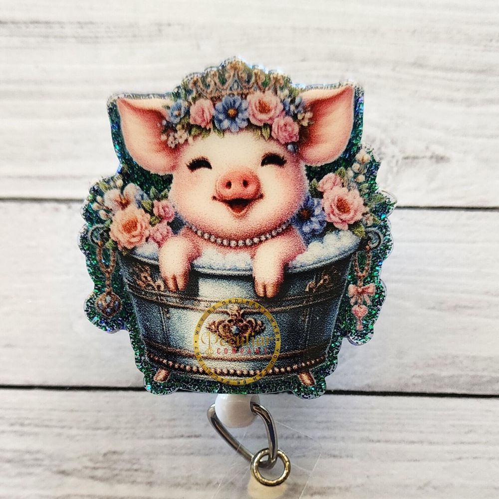Glam Pig In a Bath Badge Reel, Badge holder, animals, for he...
