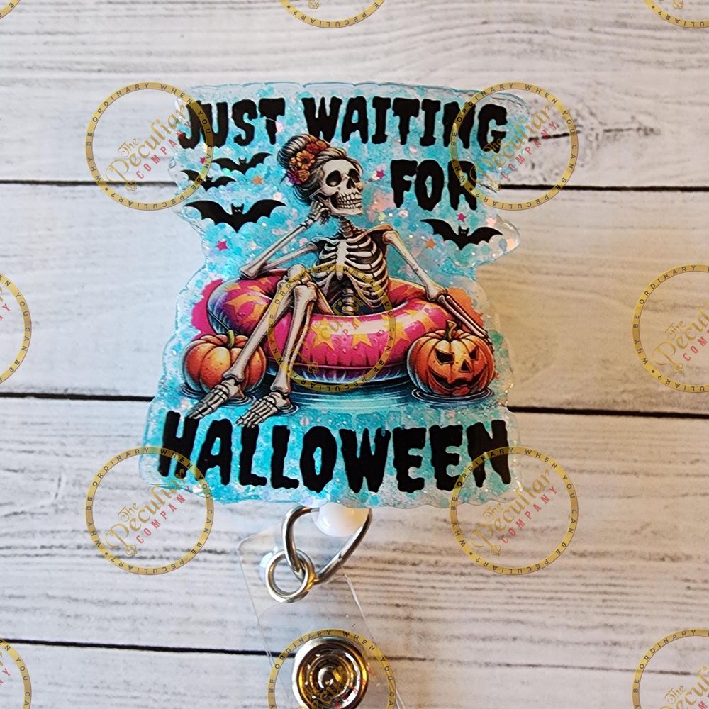 Waiting for Halloween Badge Reel, Skeleton, Pumpkins, spooky...